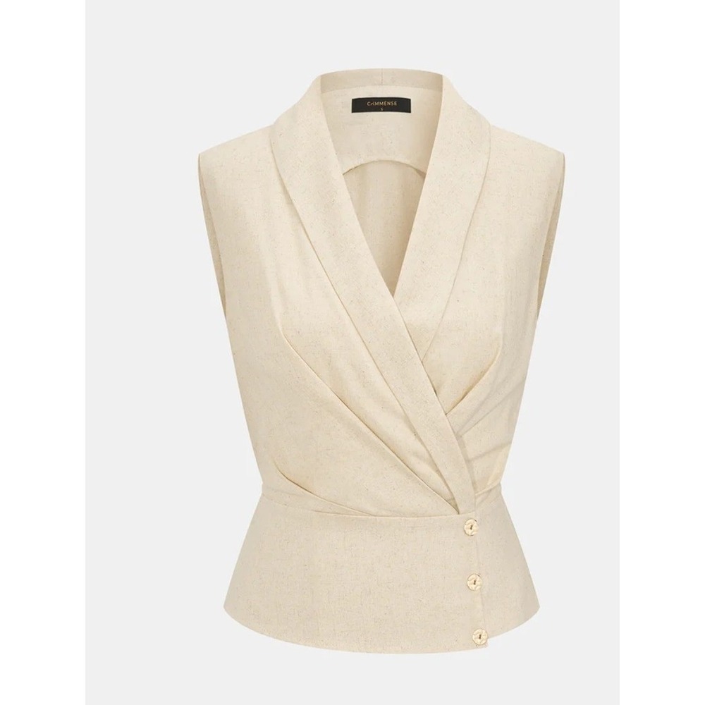 Commense Cream Linen Blend Peplum Wrap Top Sleeveless Notched Collar S